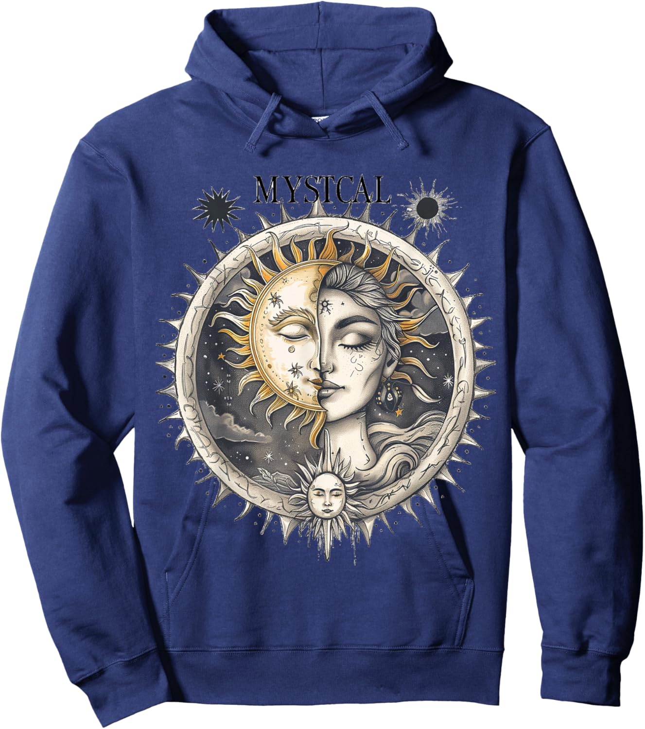 Mystical Sun and Moon with Woman Mystical Flowers Aesthetic Hoodie - Hoodie | Navy