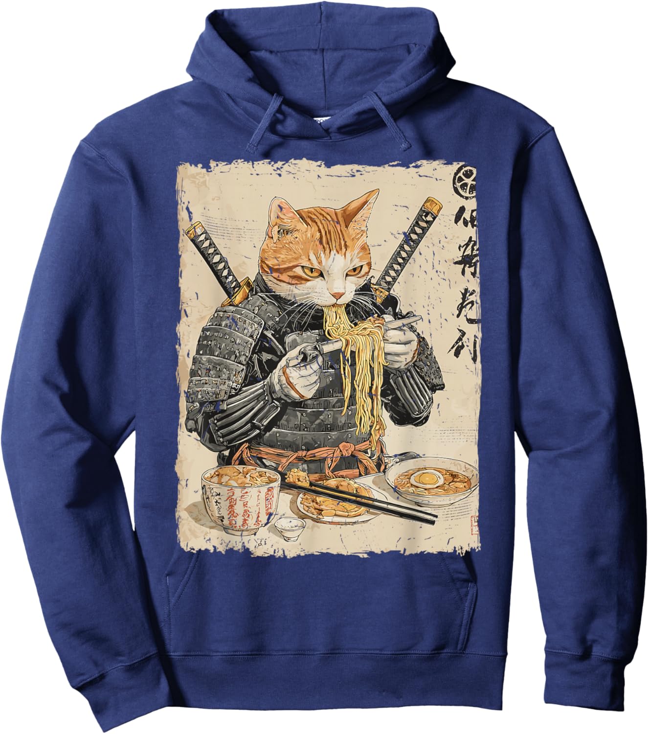 Samurai Cat Loves Ramen Funny Anime Japanese Artwork Samurai Hoodie - Hoodie | Navy