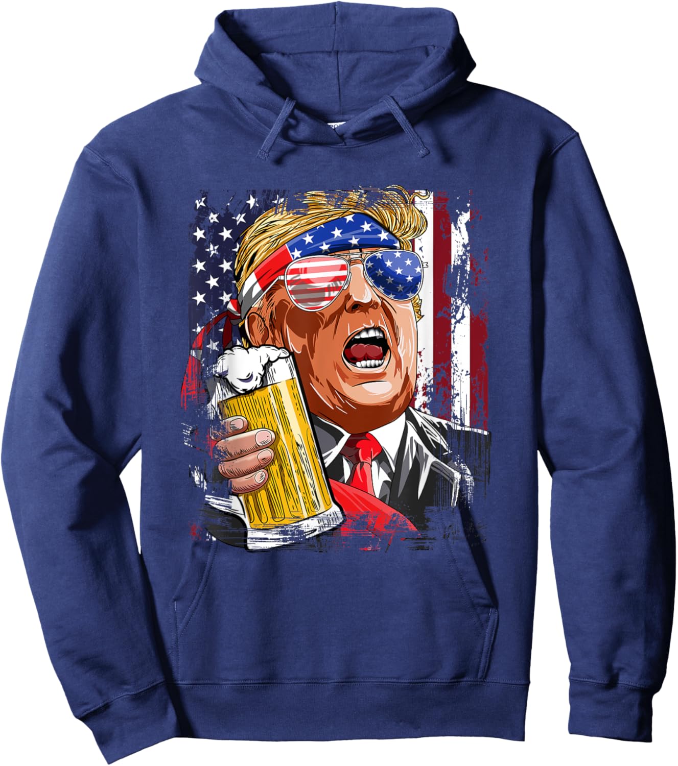 Donald Trump Drinking Beer Merica Trump 4th Of July US Flag Hoodie - Hoodie | Navy