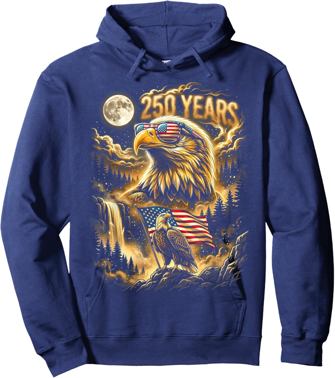 250 Years Bald Eagle Howling Moon American Flag Hoodie - Hoodie | Navy