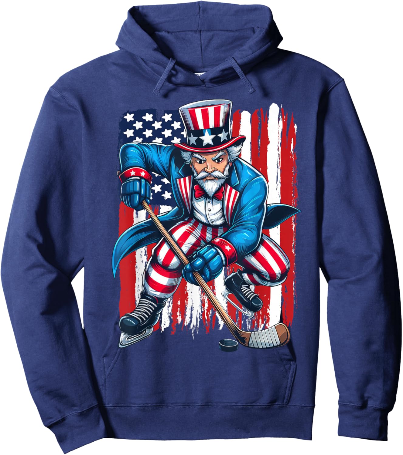 Uncle Sam Hockey Player 4th of July American Flag Hoodie - Hoodie | Navy