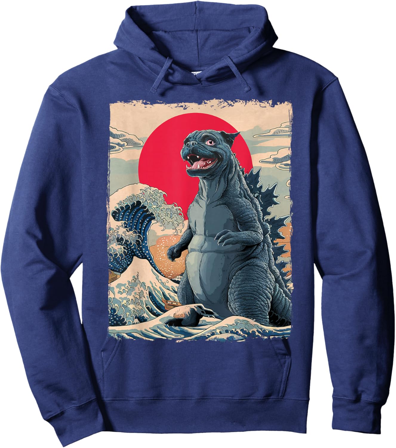 Pug Dog Funny Pugzilla Japanese Wave Art Hoodie - Hoodie | Navy