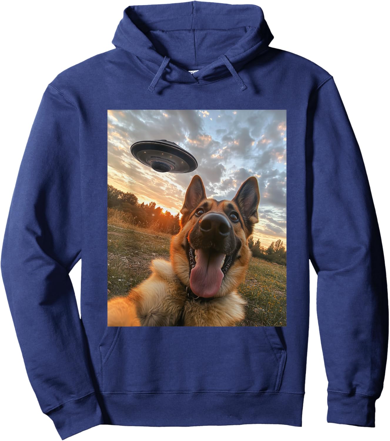 German Shepherd Dog Selfie with UFOs Aliens Funny Graphic Hoodie - Hoodie | Navy