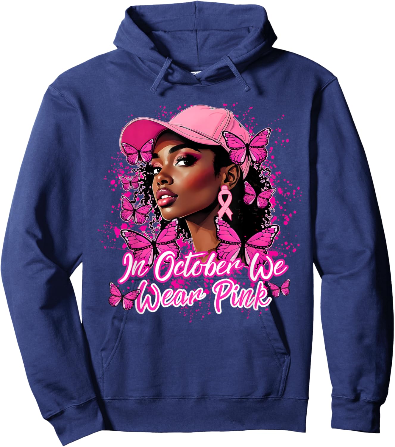 Breast Cancer Awareness African American Woman Pink Ribbon Hoodie - Hoodie | Navy