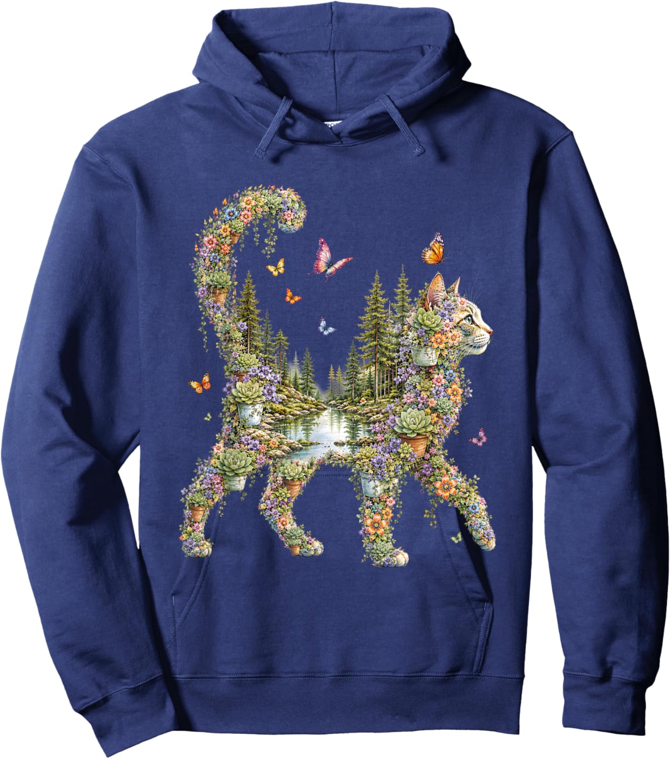 Boho Cat Plants Floral Nature Wildflower Succulent Cat Lover Hoodie - Hoodie | Navy
