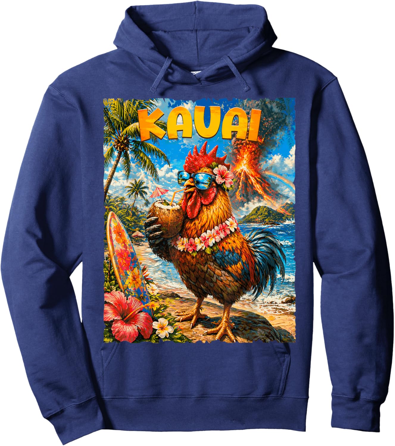 Funny Chicken Drinking Coconut Kauai Hawaii Tropical Summer Hoodie - Hoodie | Navy