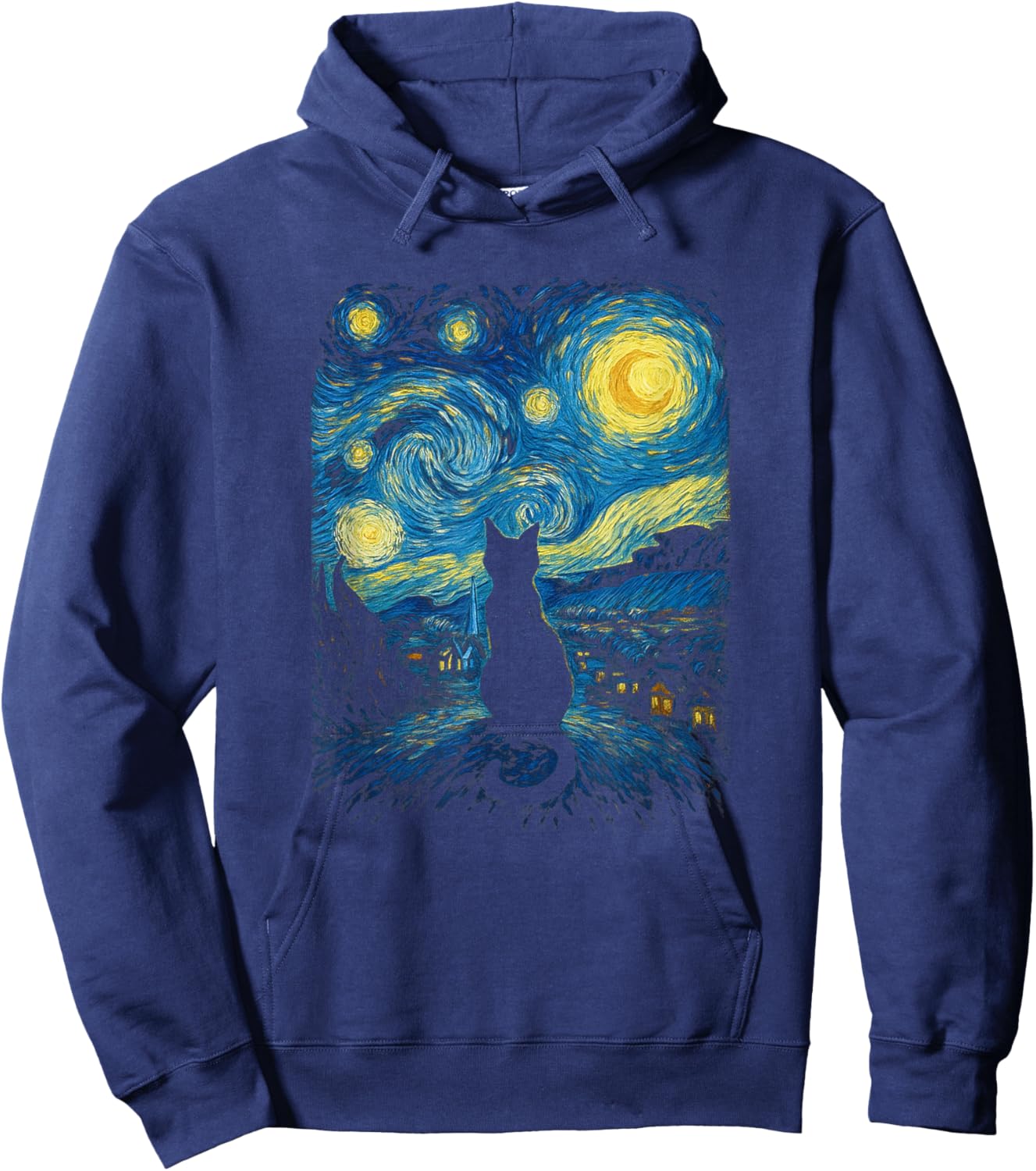 Gazing Black Cat Starry Night Sky Van Gogh Inspired Art Hoodie - Hoodie | Navy