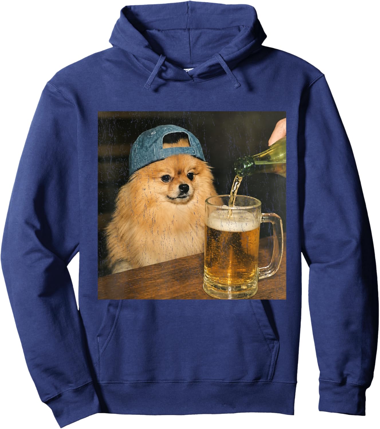 Pomeranian Drinking Beer Shirt Funny Dog Meme Art Vintage Hoodie - Hoodie | Navy