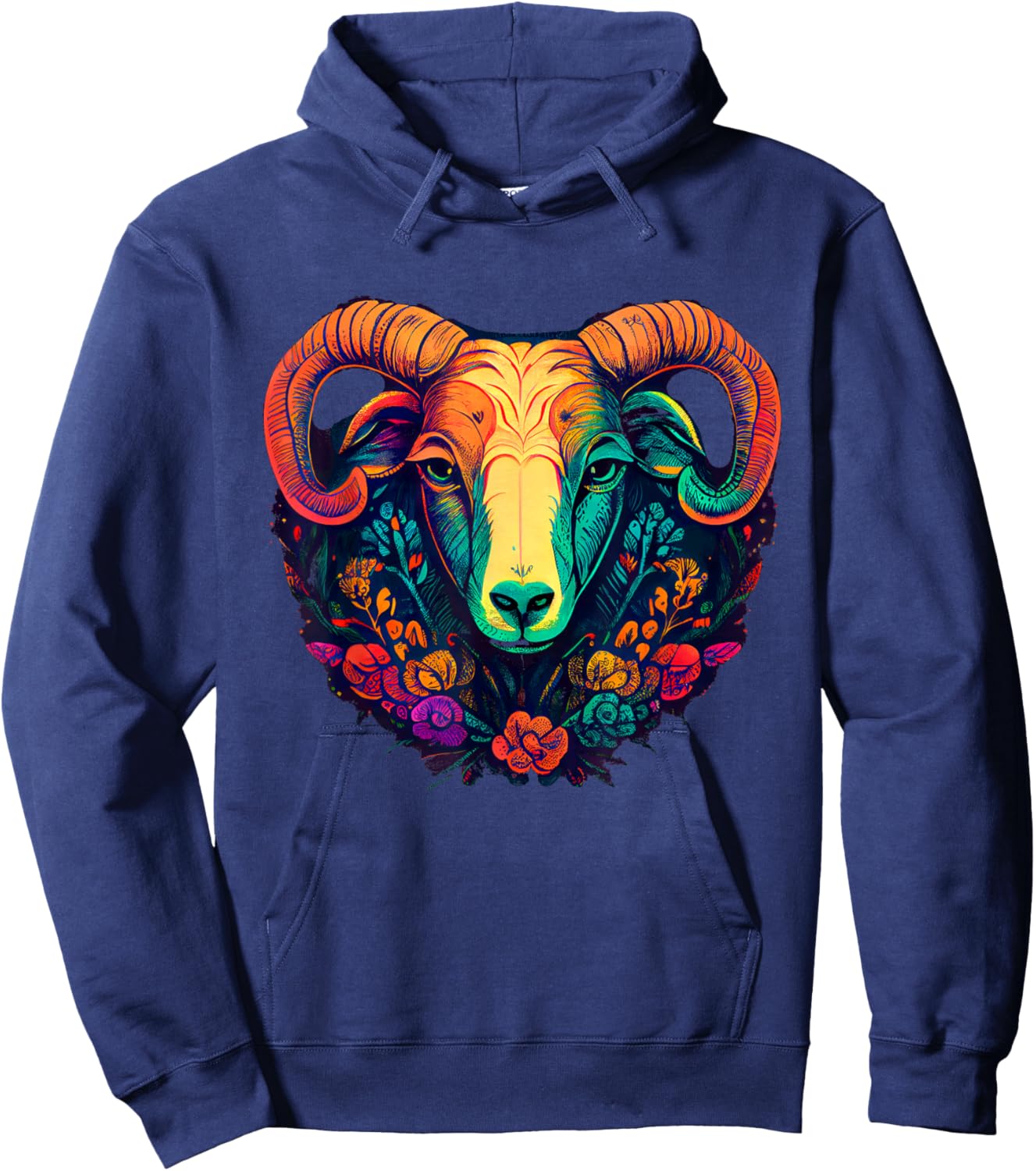 Vivid Ram Head with Floral Patterns Hoodie - Hoodie | Navy