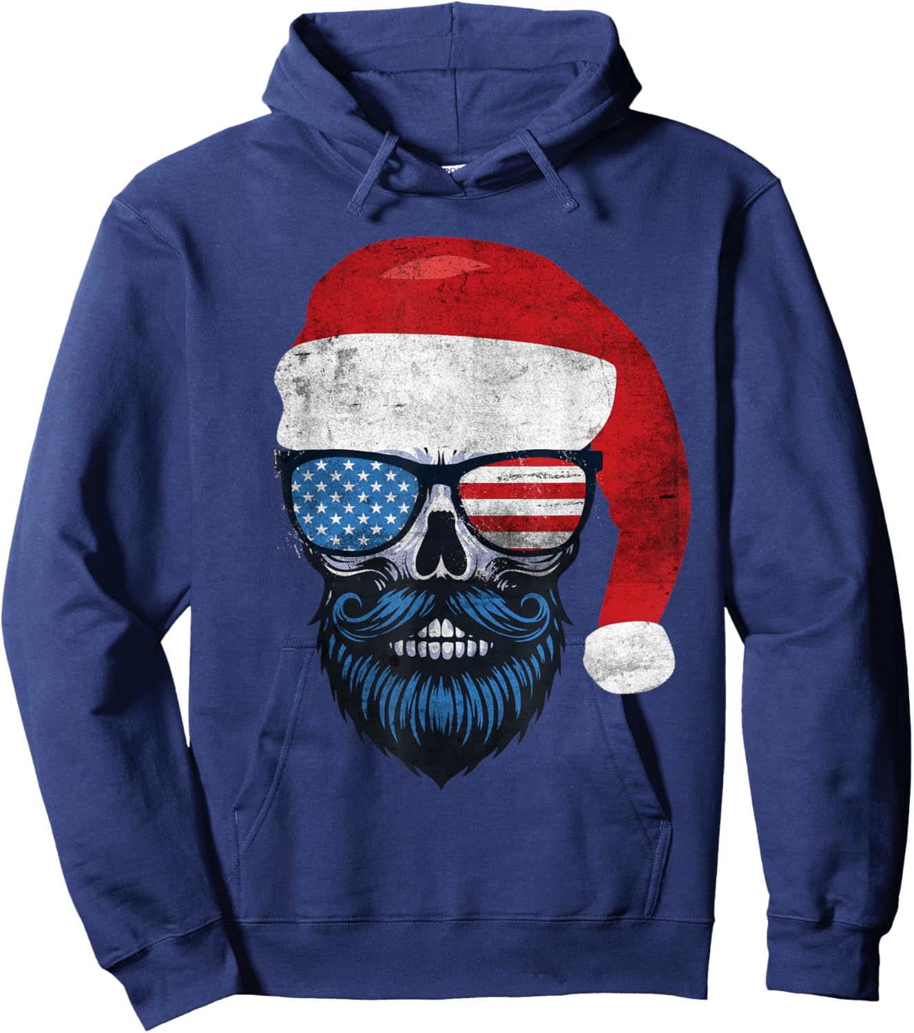 Hipster Santa US Flag Bearded Skull Sunglasses Patriotic Hoodie - Hoodie | Navy