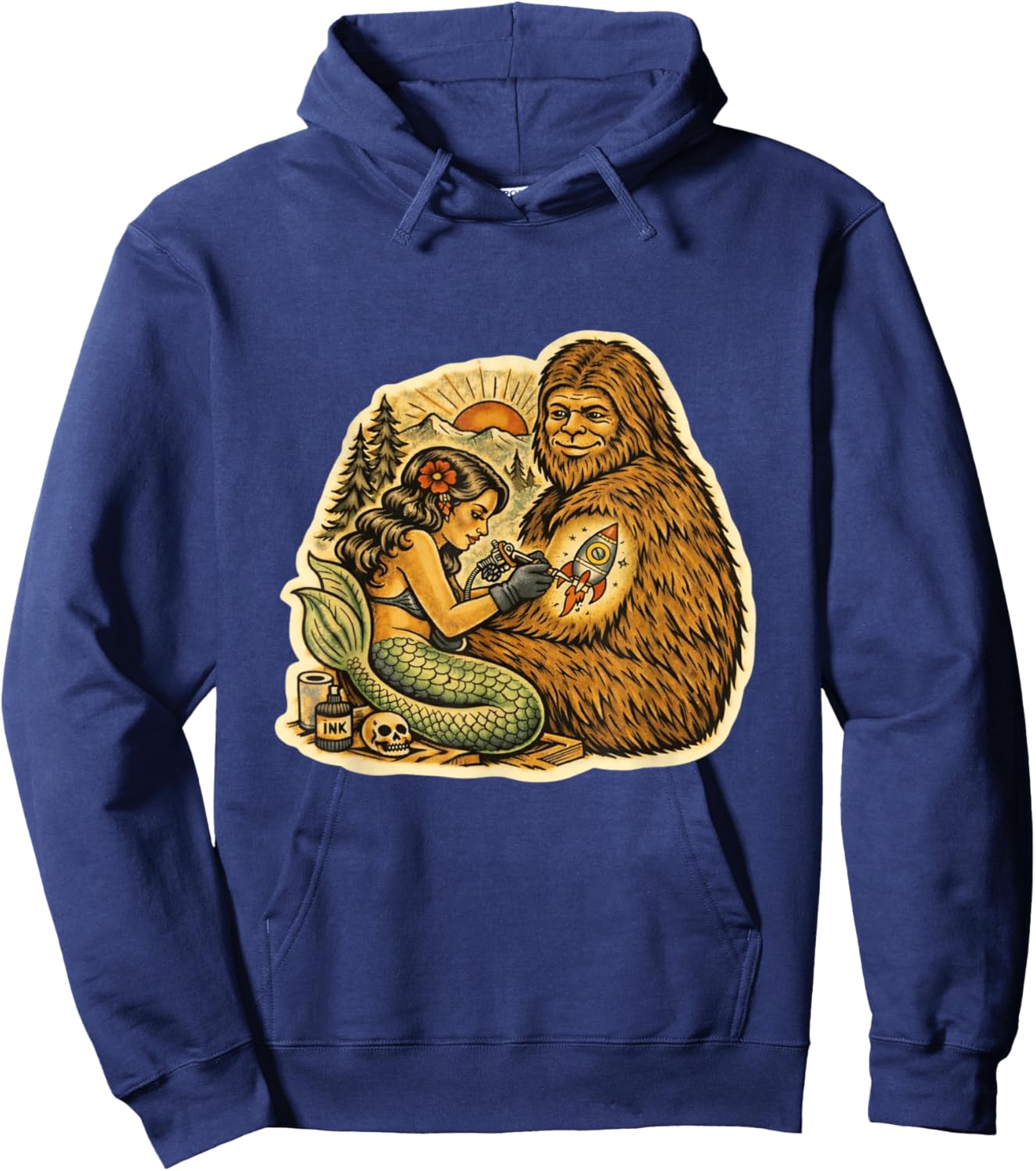 Bigfoot Mermaid Tattoo Funny Cryptid Art Graphic Hoodie - Hoodie | Navy