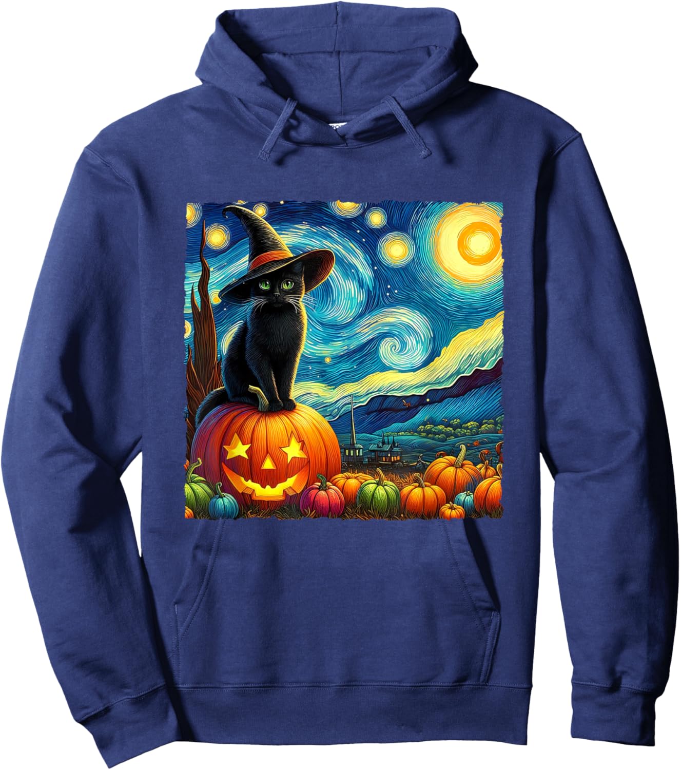 Halloween Van Gogh Starry Night Black Cat Witch Hat Pumpkins Hoodie - Hoodie | Navy