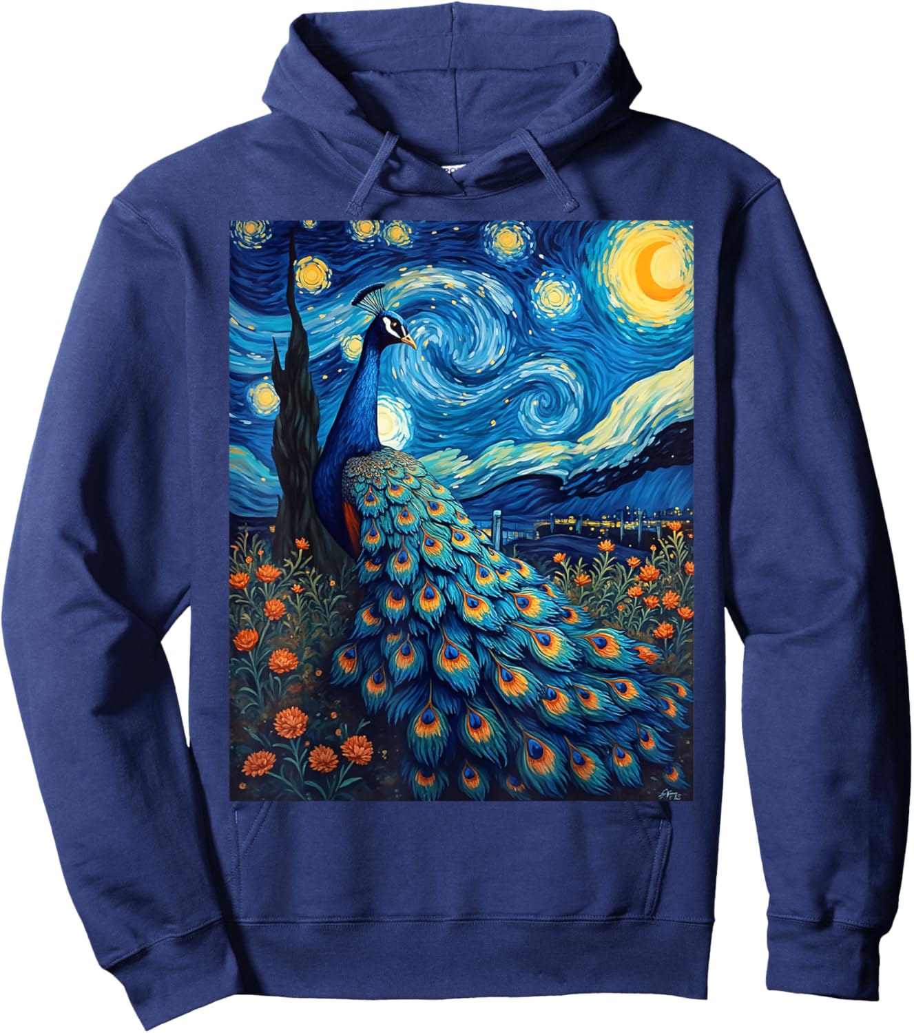 Van Gogh's Starry Night Peacock Royal Feather Animal Lovers Hoodie - Hoodie | Navy