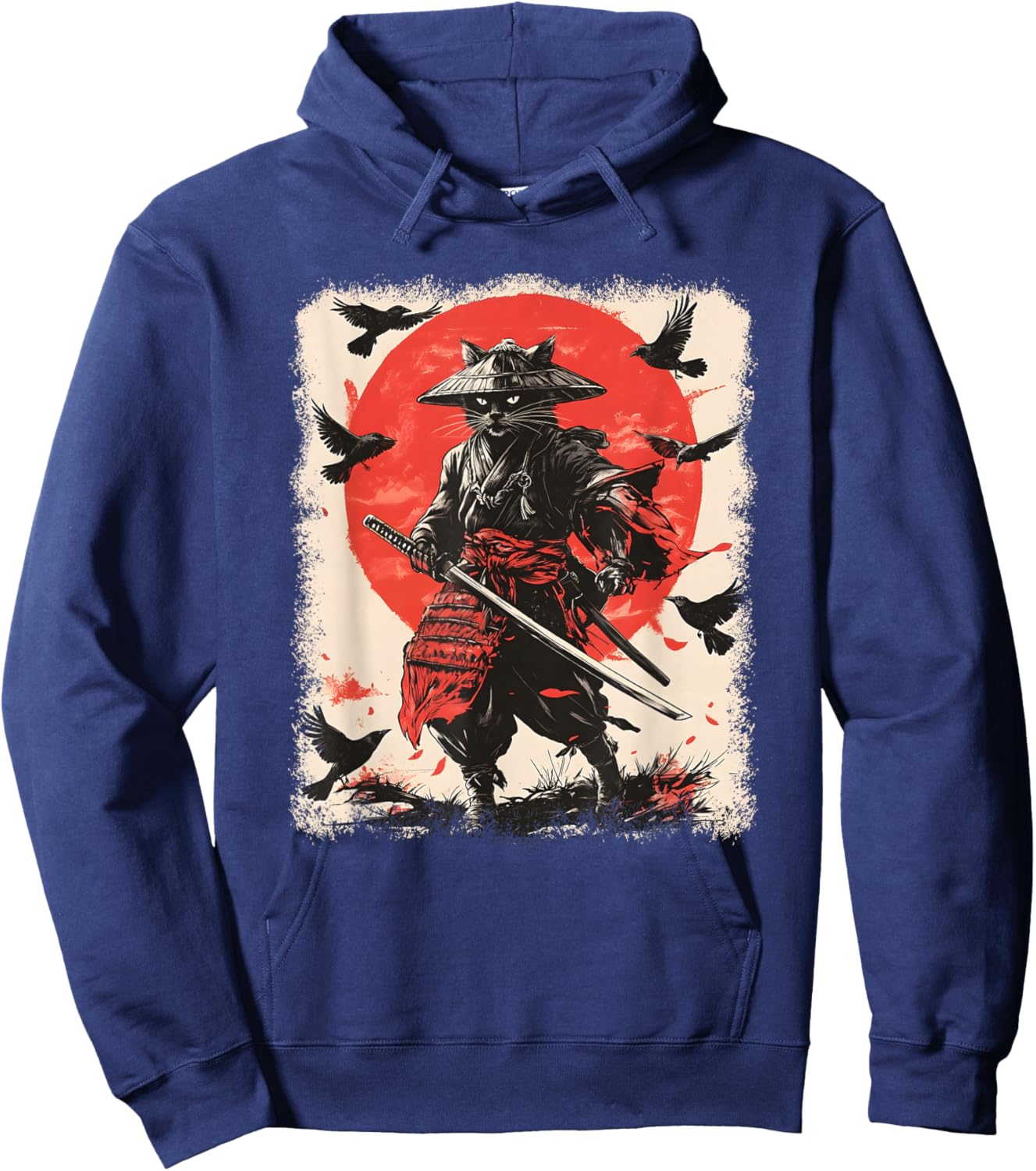 Samurai Cat, Japanese Warrior Art | Anime & Vintage Samurai Hoodie - Hoodie | Navy