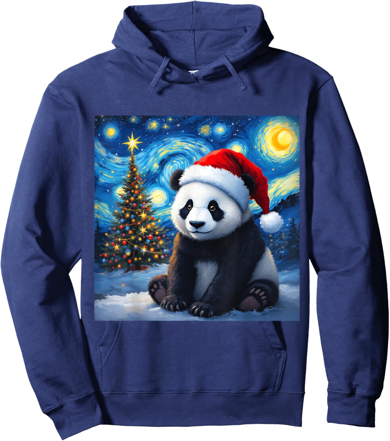 Christmas Panda Santa Hat Van Gogh Starry Night Holiday Hoodie - Hoodie | Navy