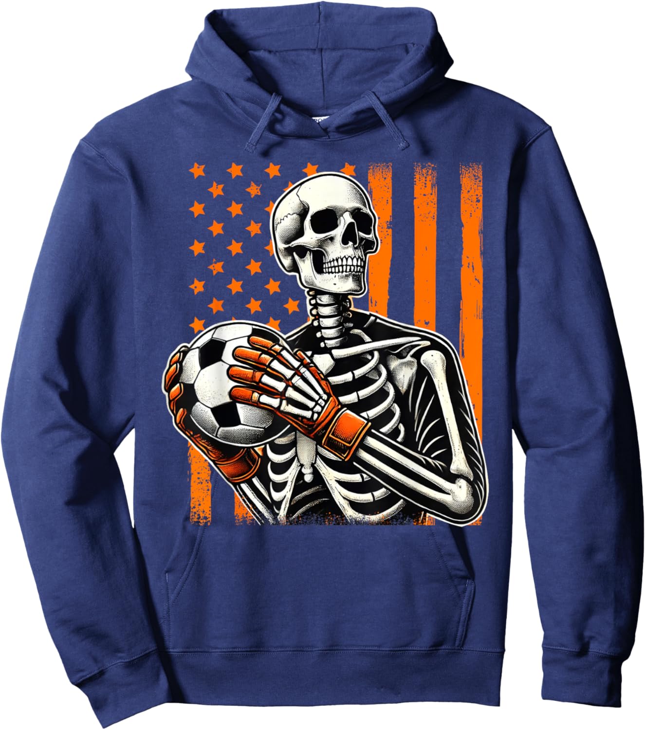 Skeleton Goalkeeper Holding Soccer Ball Goalie Halloween USA Hoodie - Hoodie | Navy