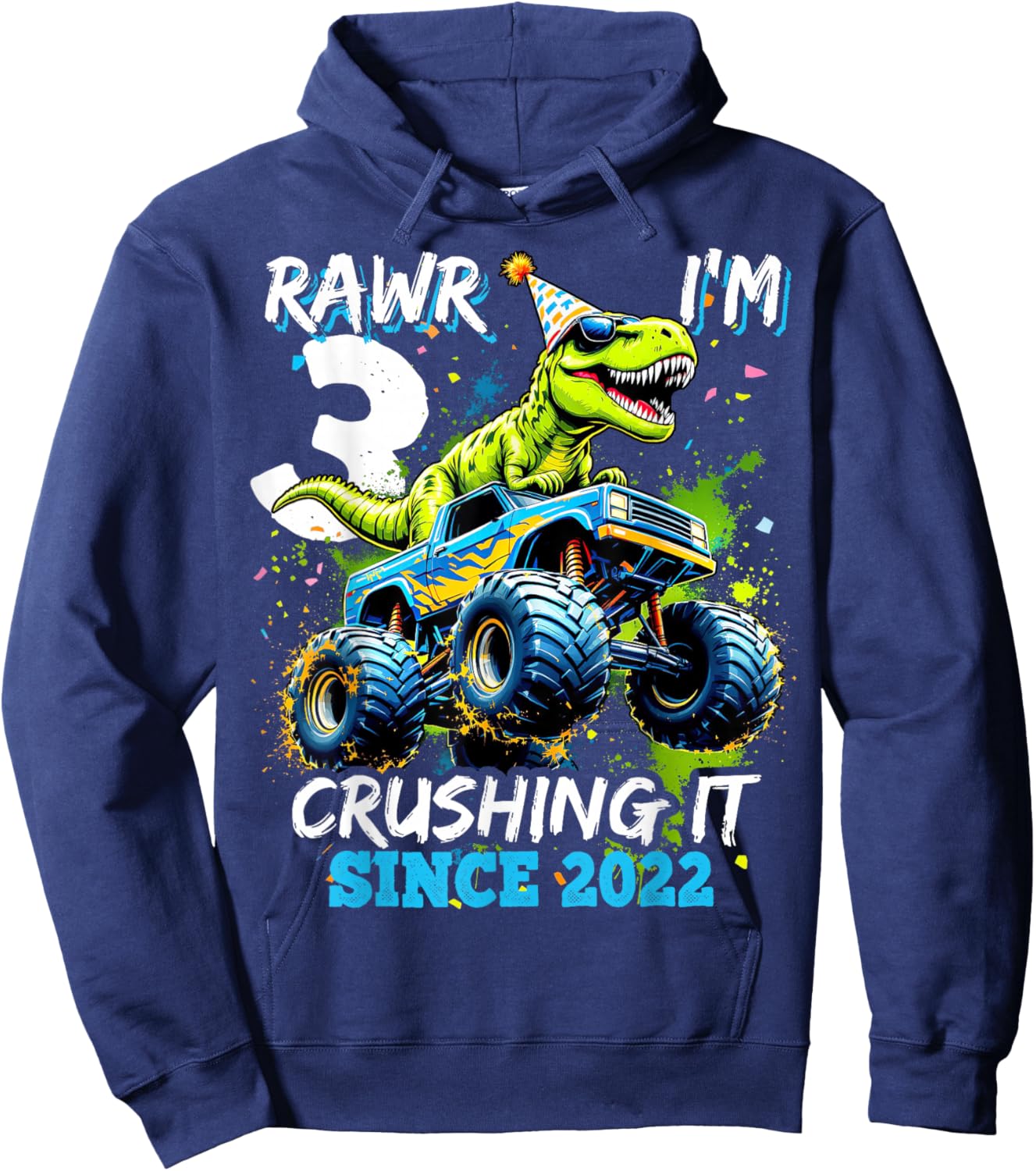 3rd Birthday Monster Truck Dinosaur Party Boys Rawr I'm 3 Hoodie - Hoodie | Navy