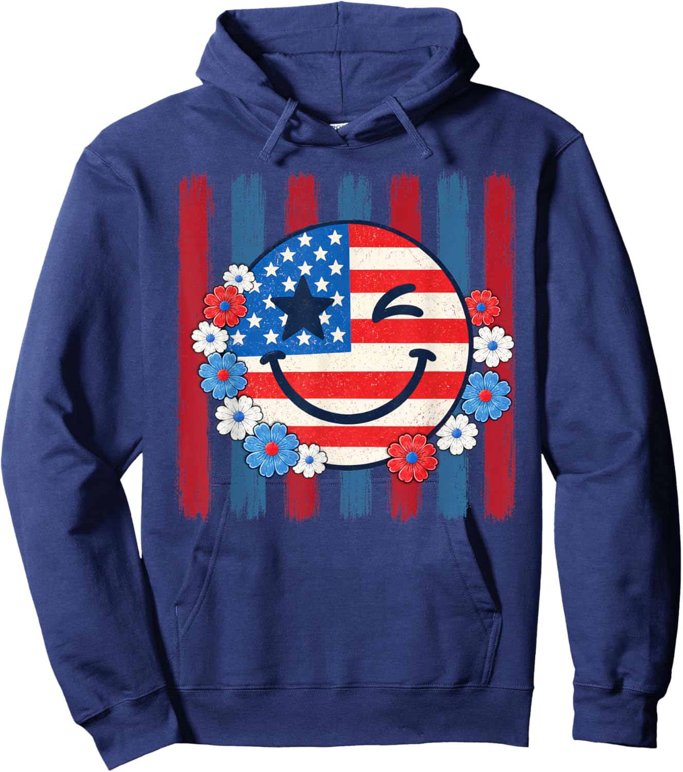 Happy 4th of July Groovy Smile Face Red White Blue USA Flag Hoodie - Hoodie | Navy