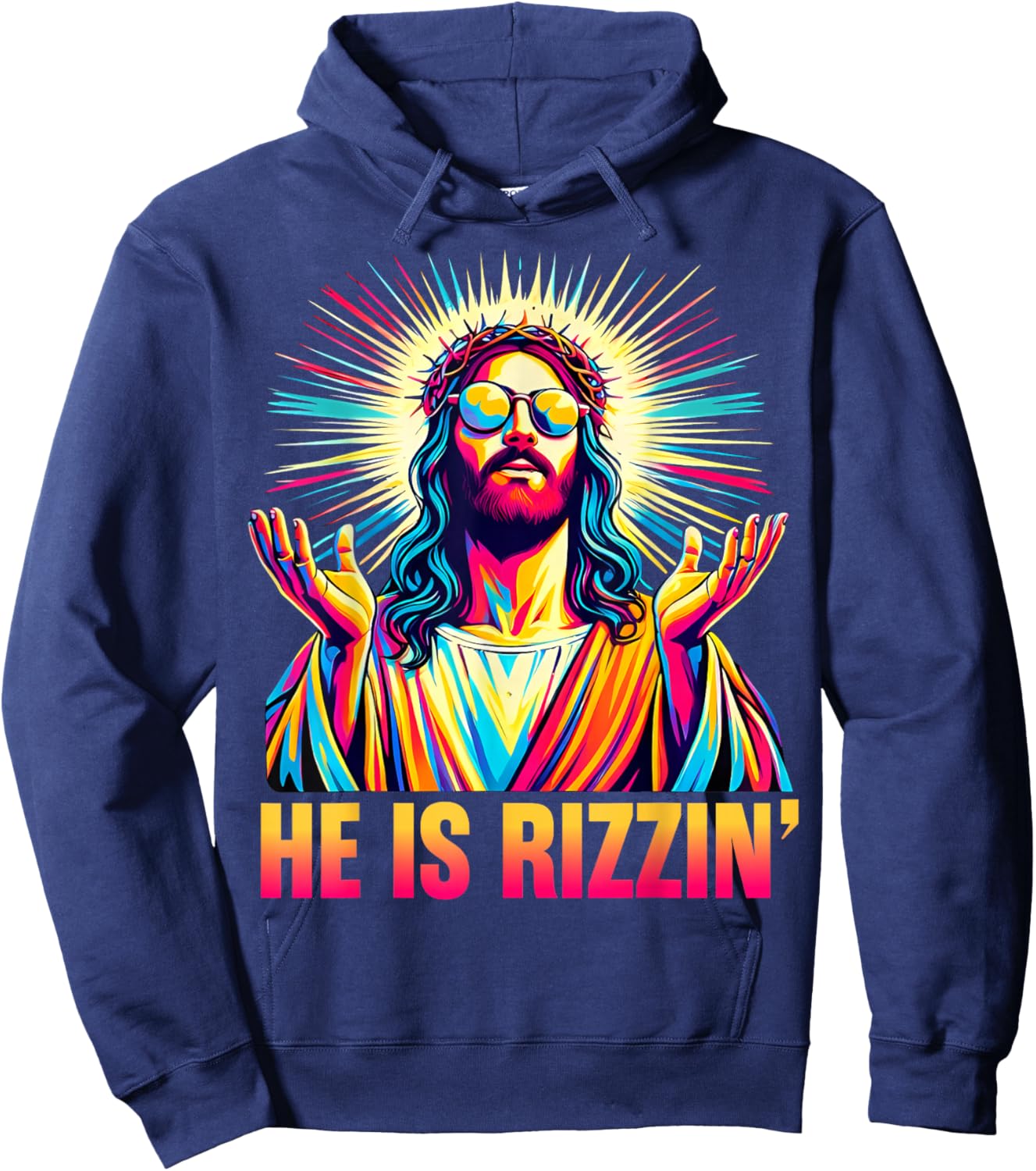 Retro He is Rizzin Funny Jesus Has Rizzen Easter Christian Hoodie - Hoodie | Navy