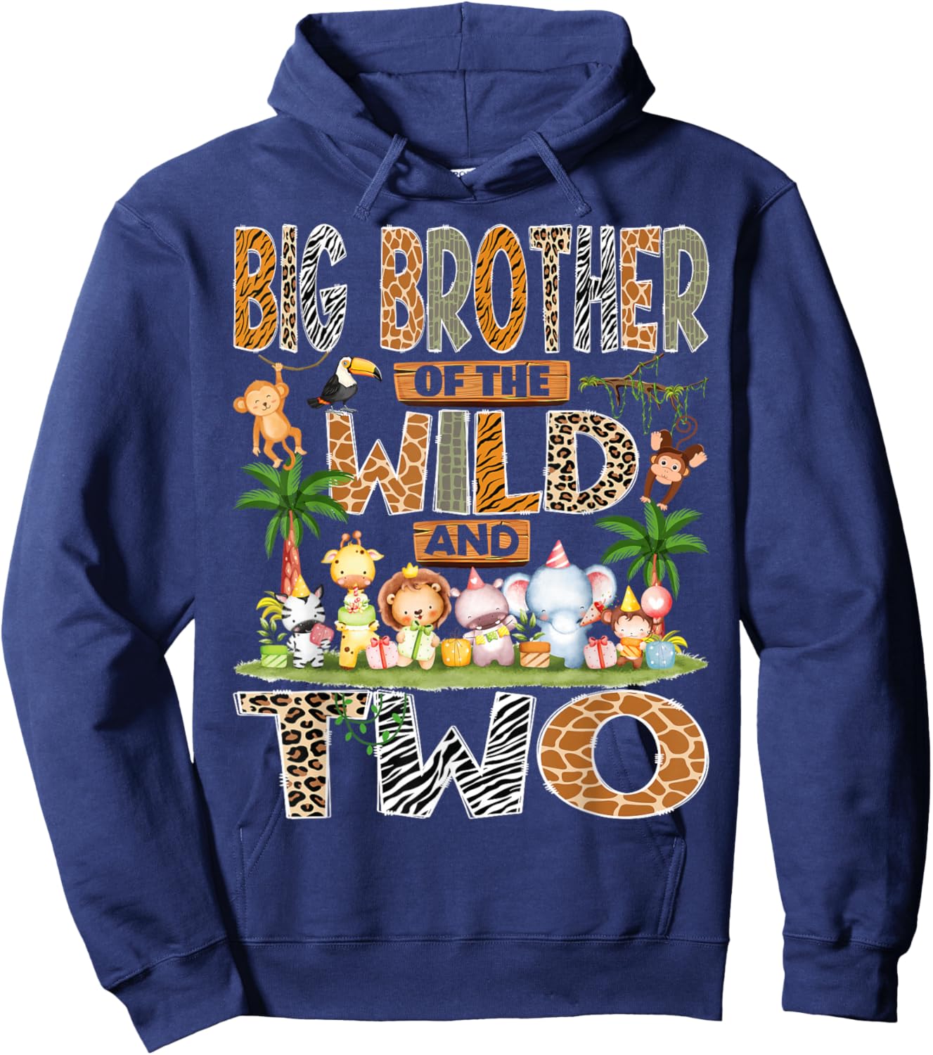 Big Brother of The Wild & Two 2nd Birthday Boy Safari Jungle Hoodie - Hoodie | Navy