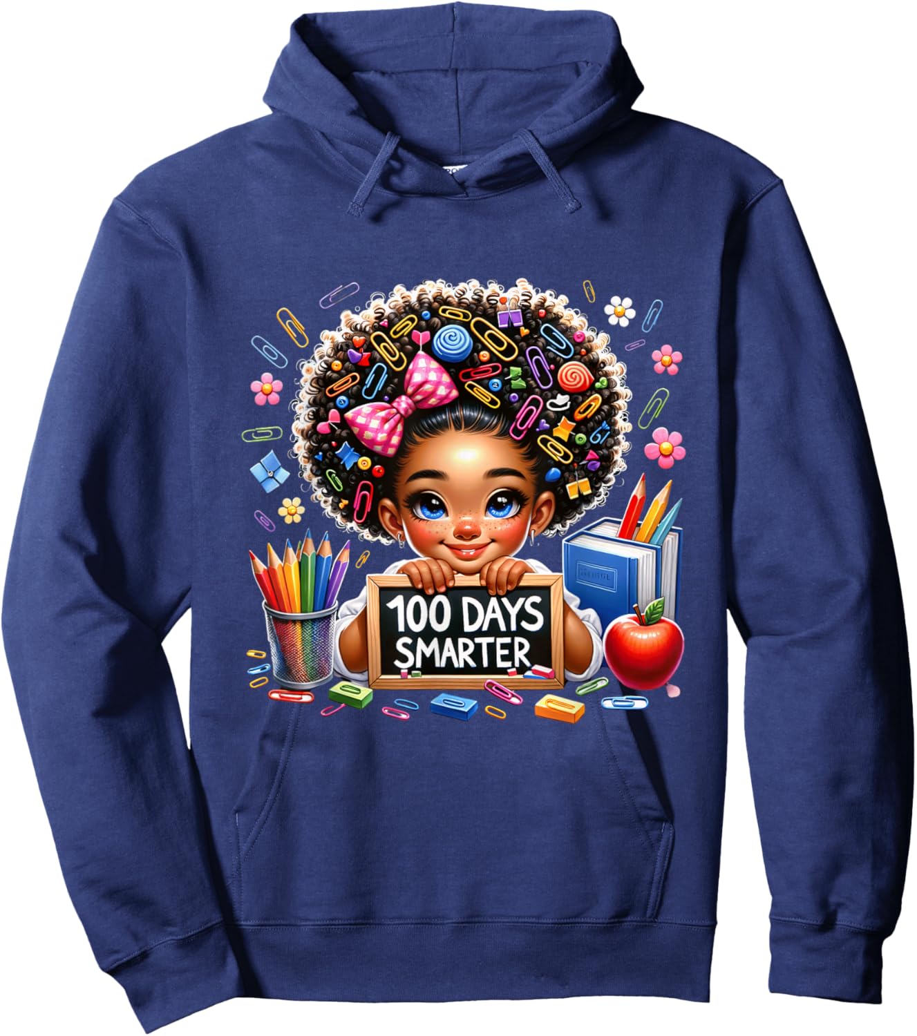 100 Days Smarter Afro Girls Messy Bun 100th Day Of School Hoodie - Hoodie | Navy