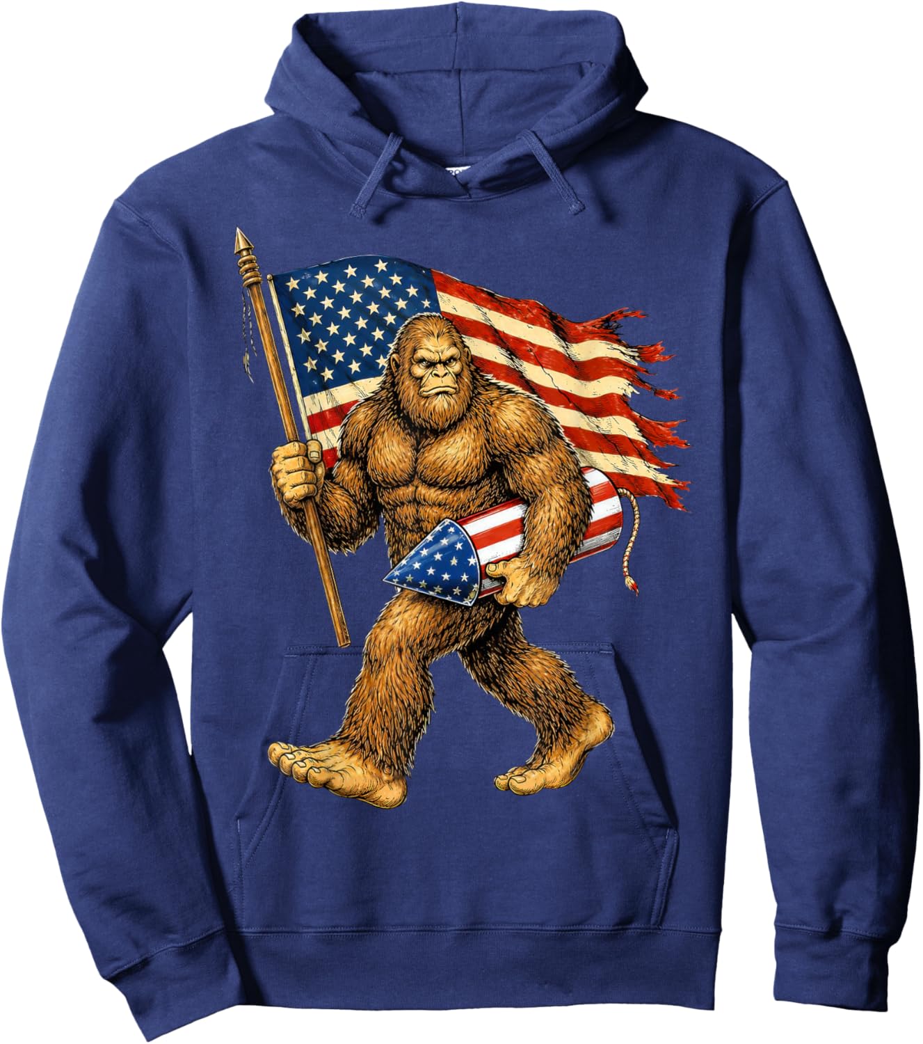 Bigfoot Fireworks 4th of July Men Sasquatch American Flag Hoodie - Hoodie | Navy