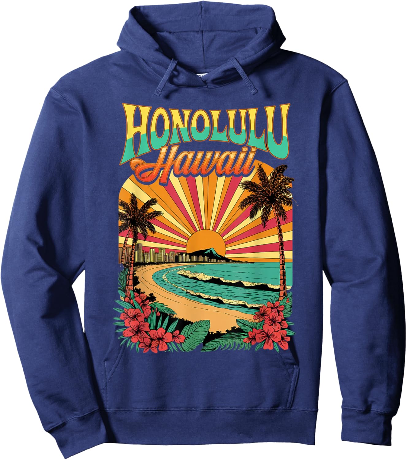 Vibrant Vintage Honolulu Hawaii Skyline Sunset Retro Hoodie - Hoodie | Navy