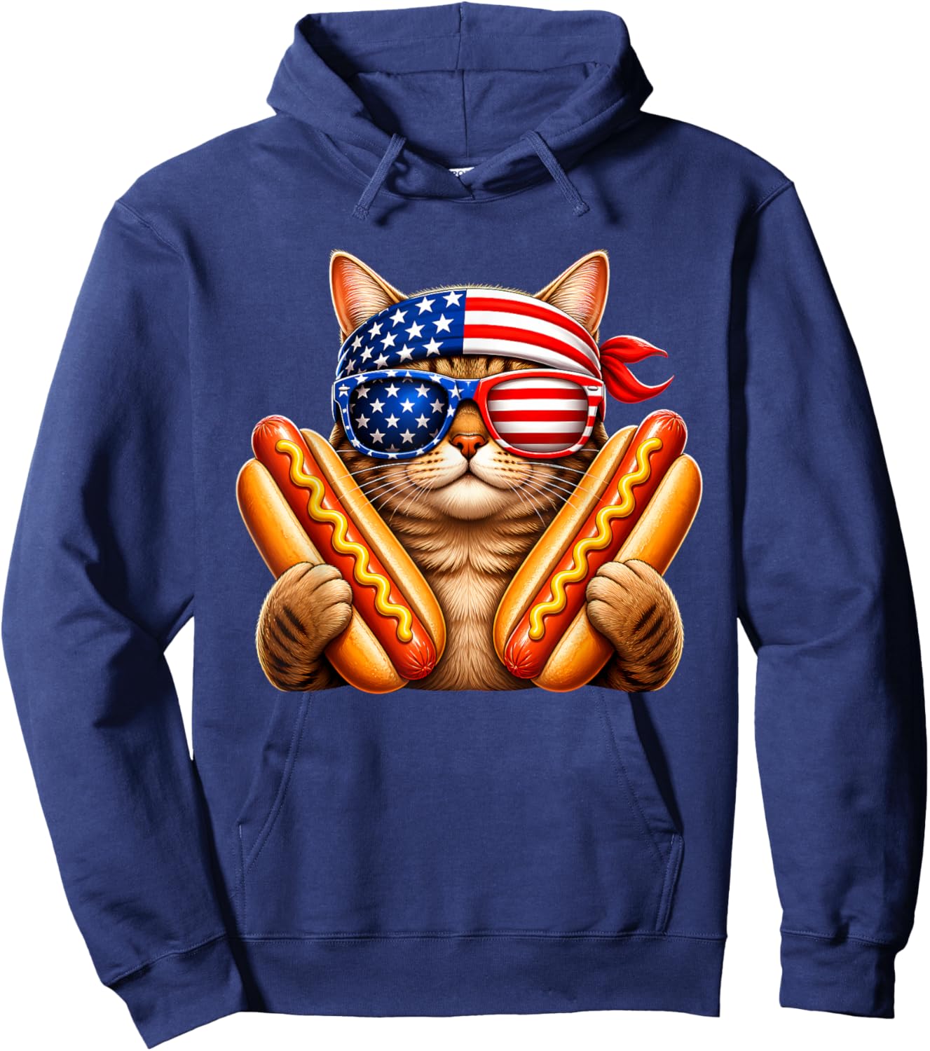 Funny Cat Hotdog 4th of July Patriotic USA Flag Men Women Hoodie - Hoodie | Navy