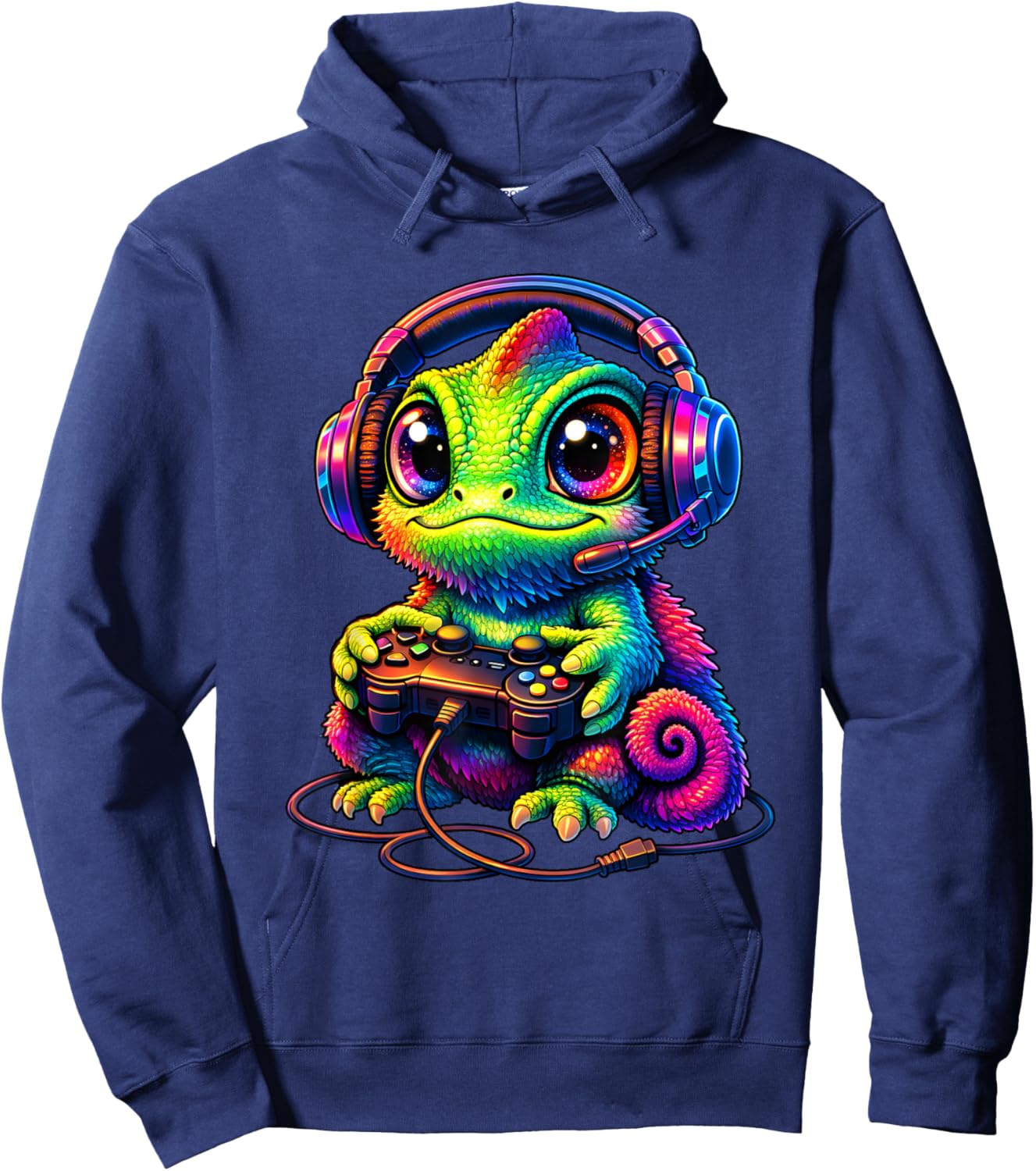 Gaming Chameleon with Headset Boys Teen Men Girls Funny Gift Hoodie - Hoodie | Navy