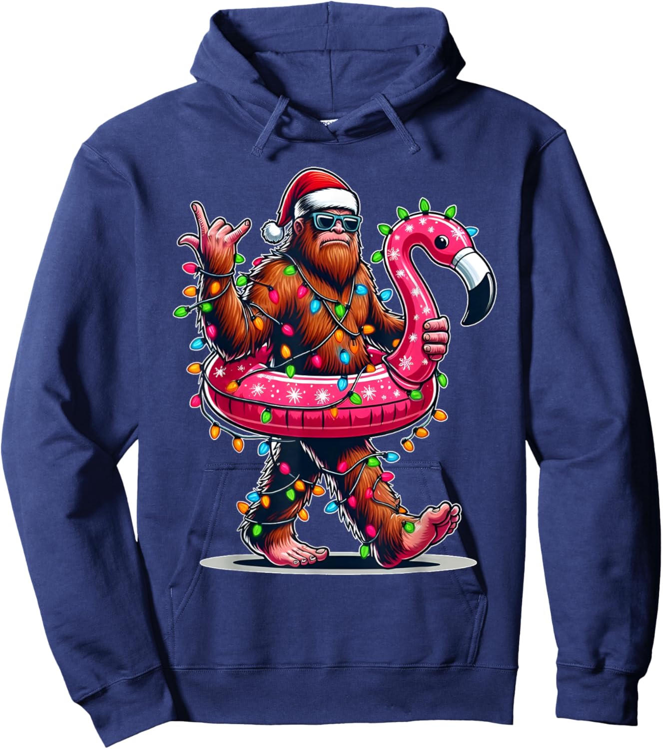 Santa Bigfoot Flamingo Christmas Light Funny Rock Sasquatch Hoodie - Hoodie | Navy