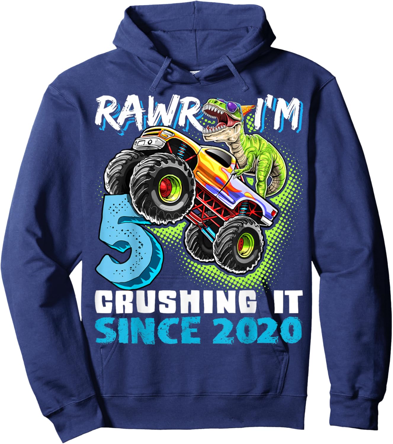 5th Birthday Monster Truck Dinosaur Party Boys Rawr I'm 5 Hoodie - Hoodie | Navy