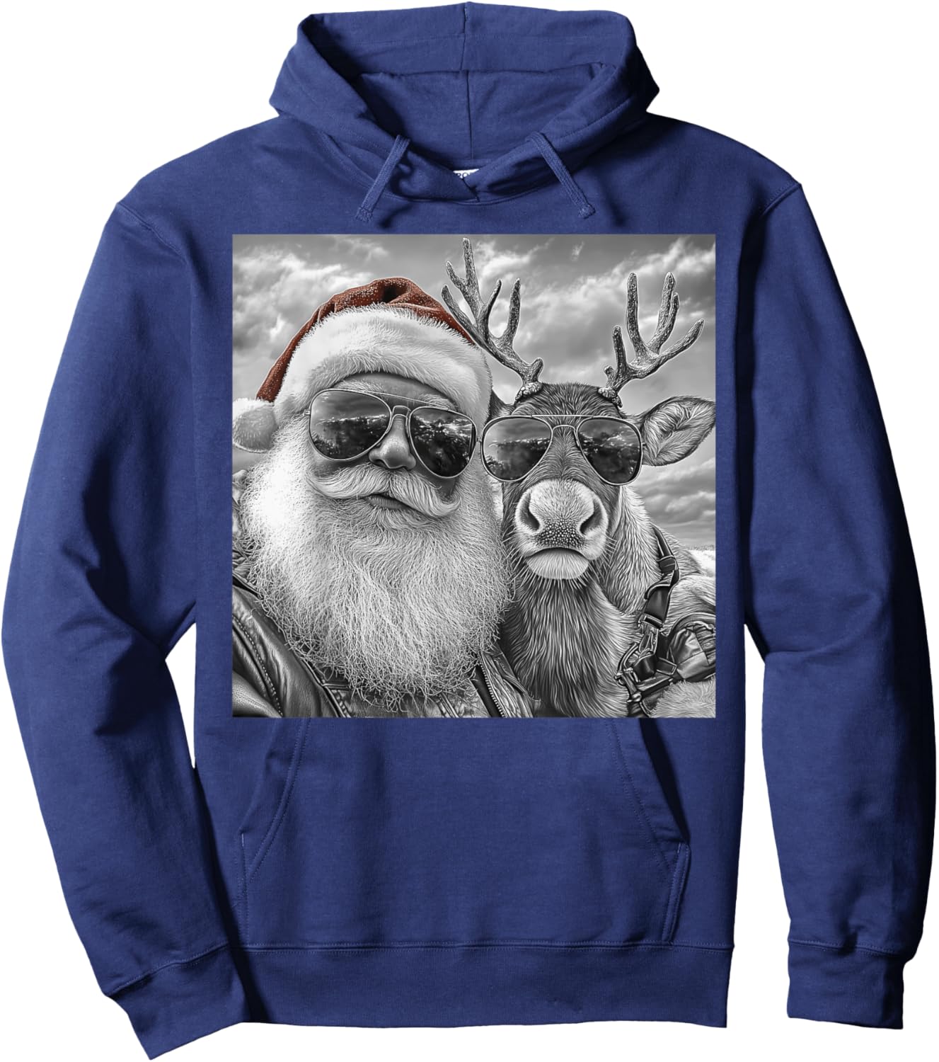 Funny Santa Claus Reindeer Selfie, Cool Retro Christmas Hoodie - Hoodie | Navy