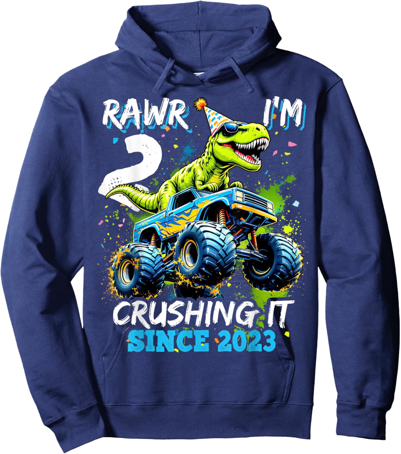 2nd Birthday Monster Truck Dinosaur Party Boys Rawr I'm 2 Hoodie - Hoodie | Navy