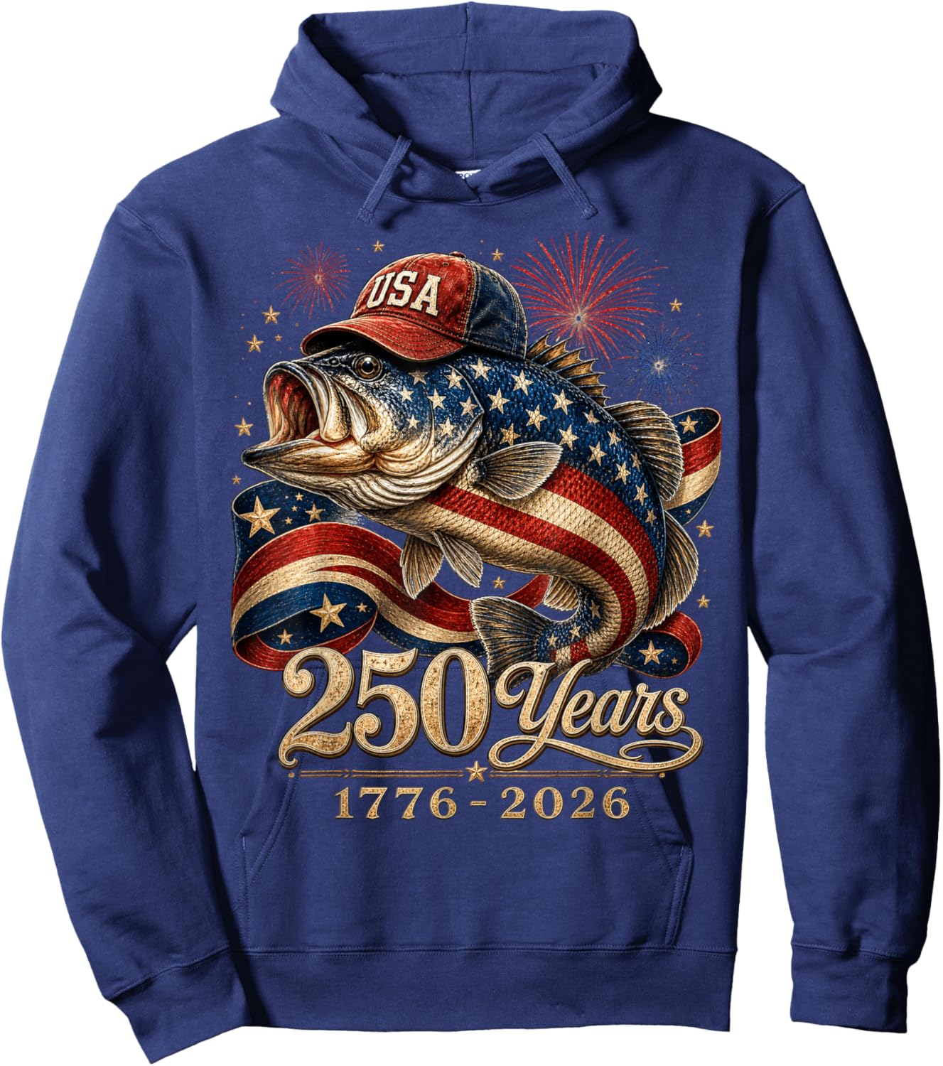 250 America 1776 2026 Bass Fishing USA Flag 250th Birthday Hoodie - Hoodie | Navy