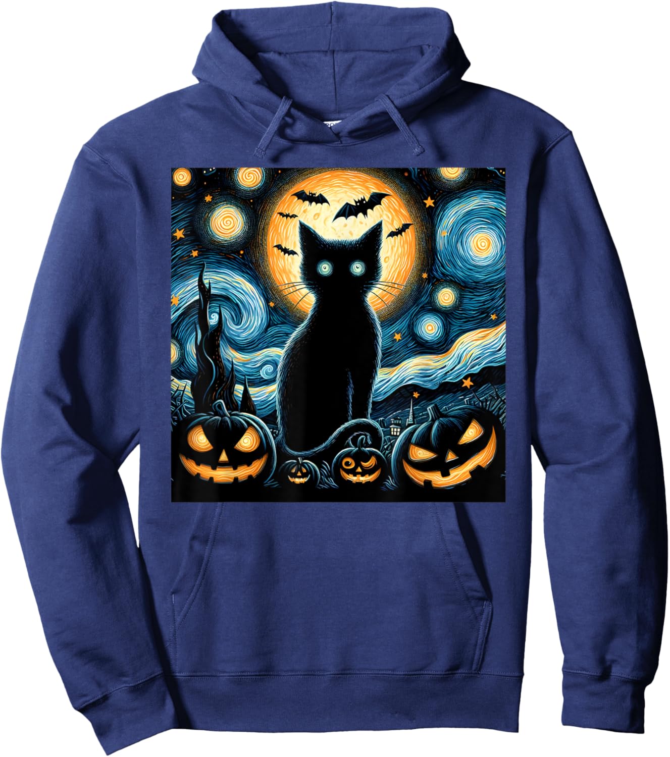 Halloween Starry Night Black Cat Van Gogh Halloween Cat Women Kids Hoodie - Hoodie | Navy