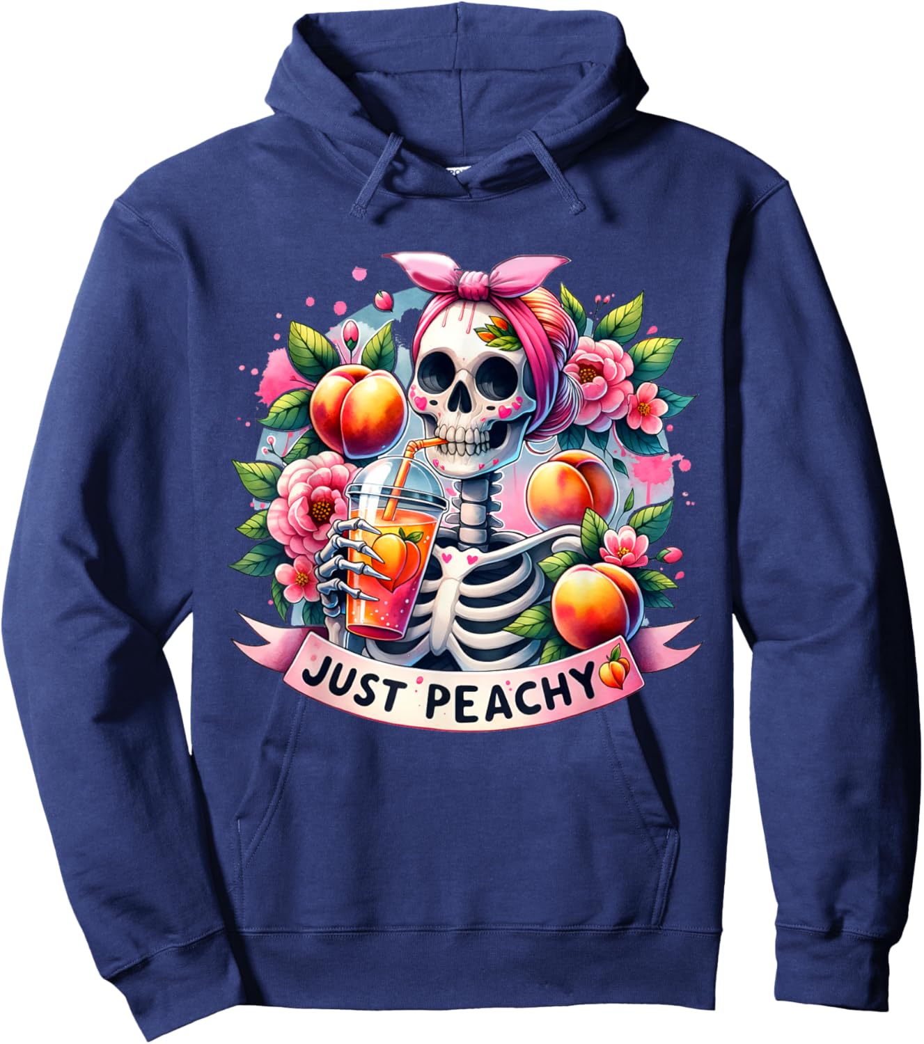Just Peachy Skeleton Retro 70s Hippie Summer Vibes Funny Women Hoodie - Hoodie | Navy