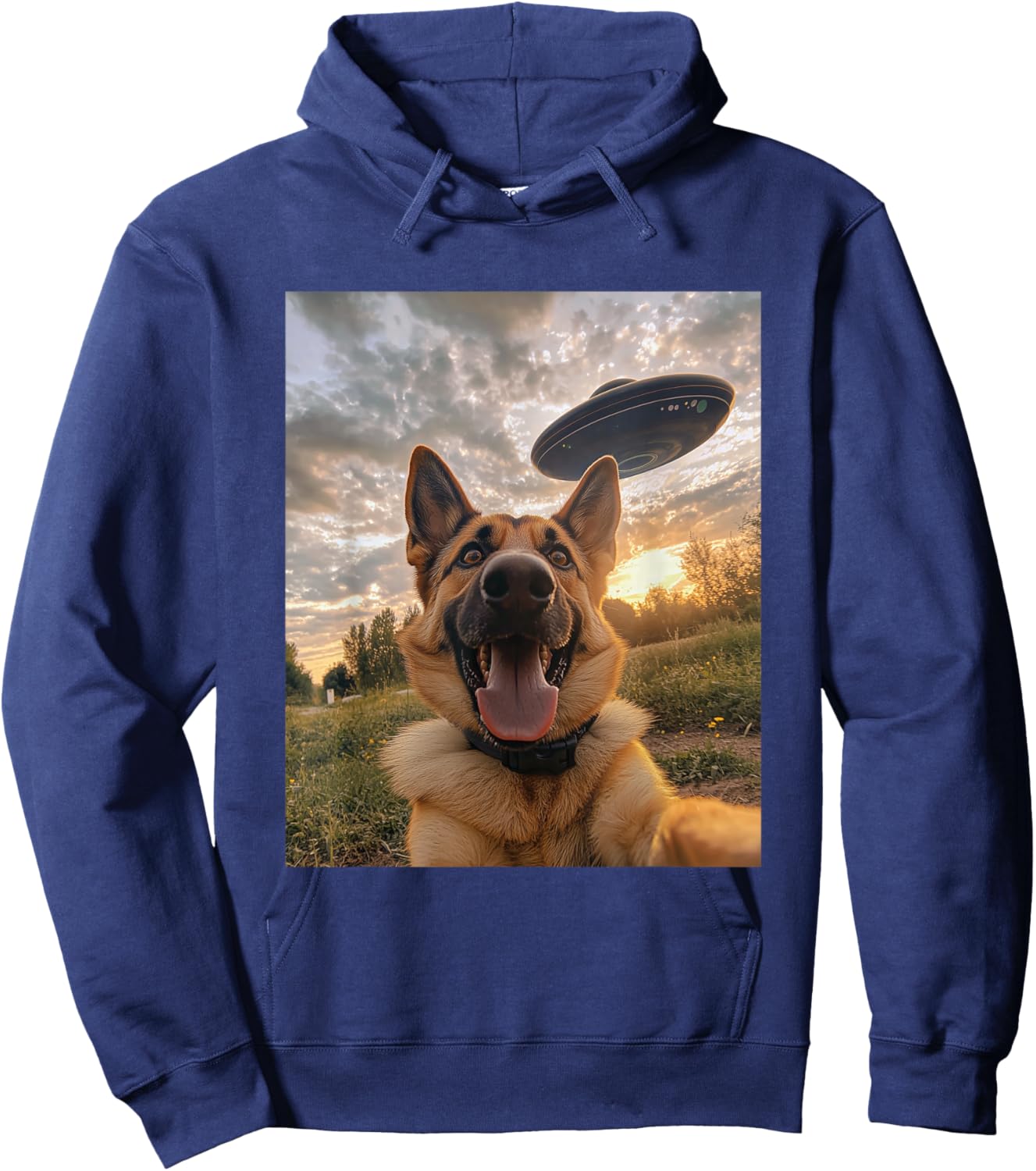 German Shepherd Dog Selfie with UFOs Aliens Funny Graphic Hoodie - Hoodie | Navy