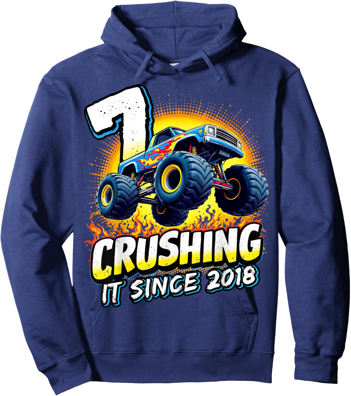 Birthday Monster Truck 7 year Old Boys 7th Party Born 2018 Hoodie - Hoodie | Navy