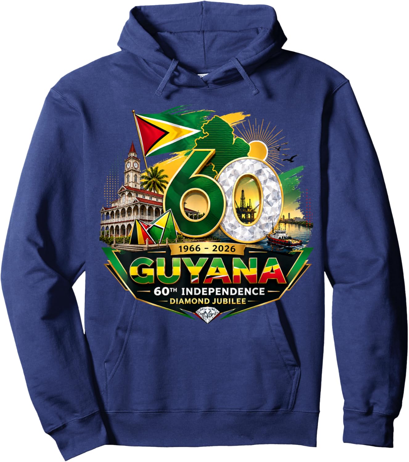 Celebrating 60 Years of Independence Guyana Diamond Jubilee Hoodie - Hoodie | Navy