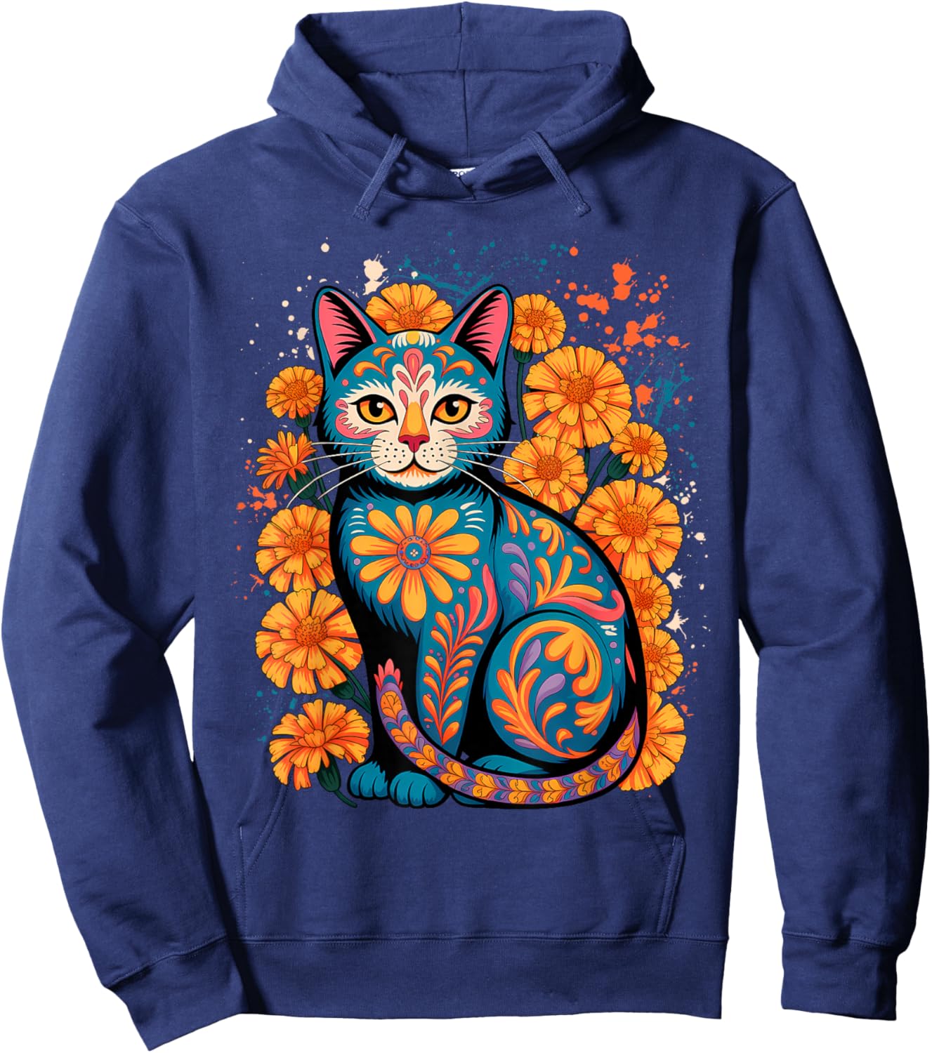 Alebrije Cat Flower Mexican Folk Art Sugar Skull Cute Kitten Hoodie - Hoodie | Navy