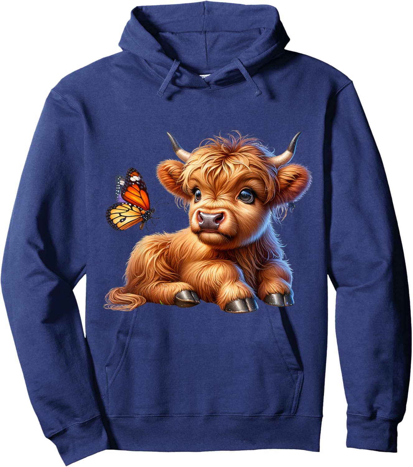Cow, Scottish Highland Cow with Butterfly, Highland Cow Hoodie - Hoodie | Navy