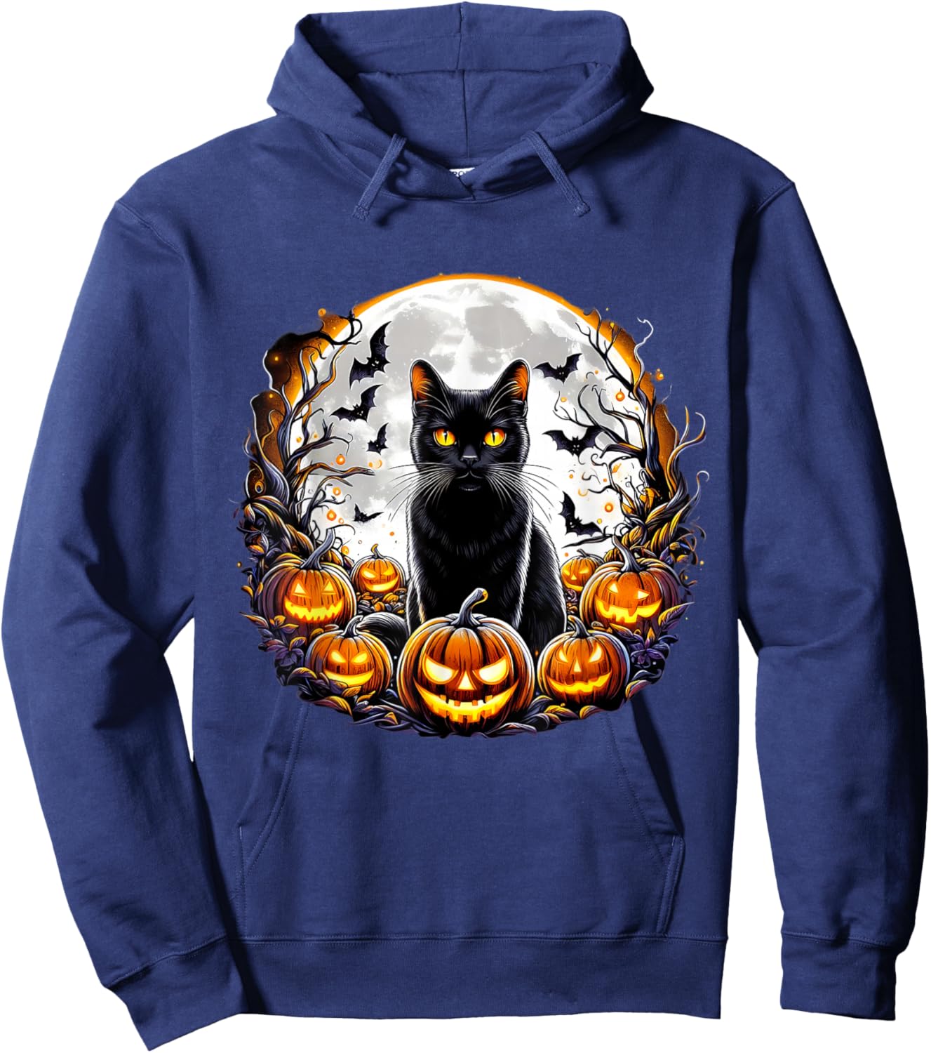 Black Cat Halloween Full Moon Bat Pumpkin Night Scary Women Hoodie - Hoodie | Navy