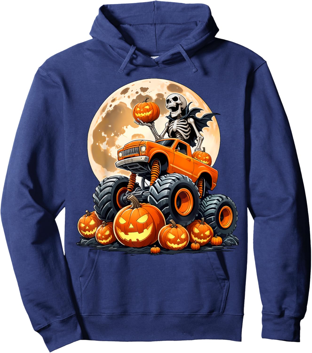 Skeleton Riding Monster Truck Halloween Pumpkin Kids Toddler Hoodie - Hoodie | Navy
