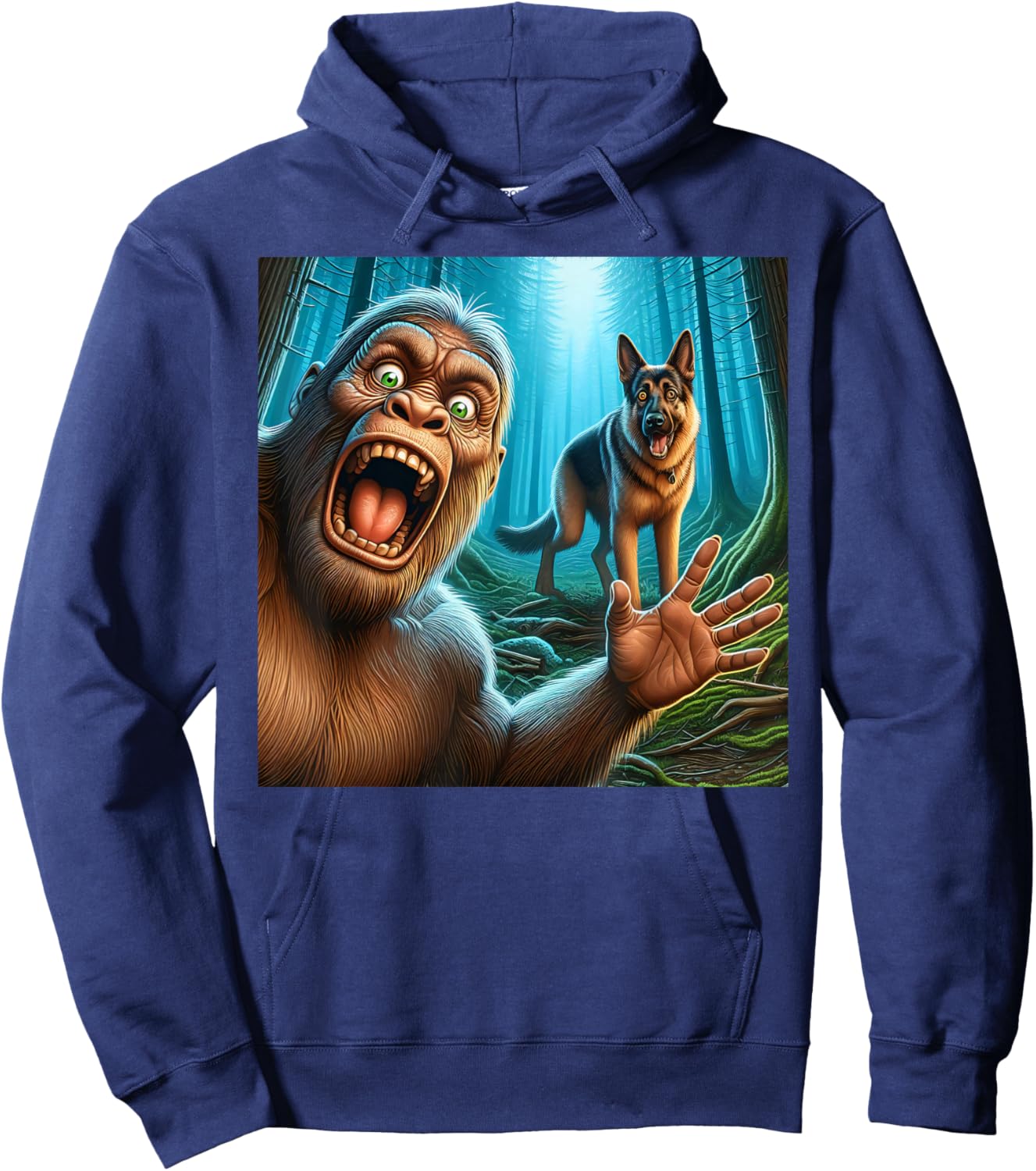Bigfoot selfie with German shepherd surprised sasquatch Hoodie - Hoodie | Navy