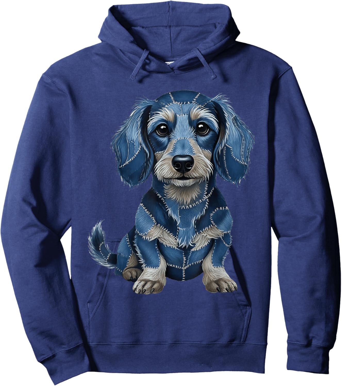 Funny Longhaired Dachshund Dog Blue Denim Patchwork Pattern Hoodie - Hoodie | Navy