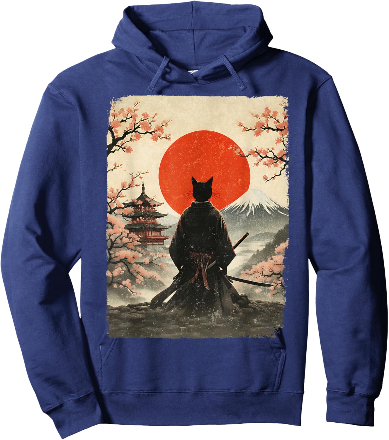 Samurai Cat Warrior Fuji Mount Vintage Japanese Art Graphic Hoodie - Hoodie | Navy