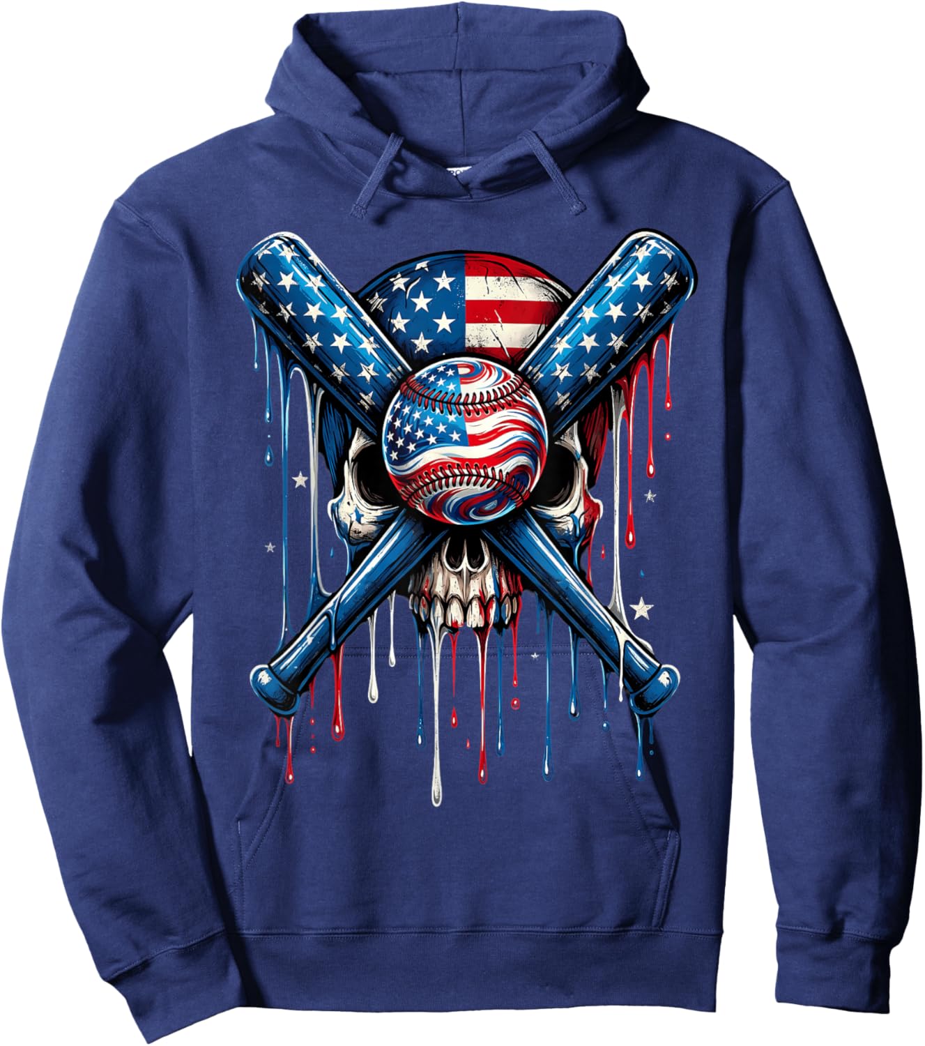 American Flag Baseball Drip Dripping Baseball Skull Hoodie - Hoodie | Navy