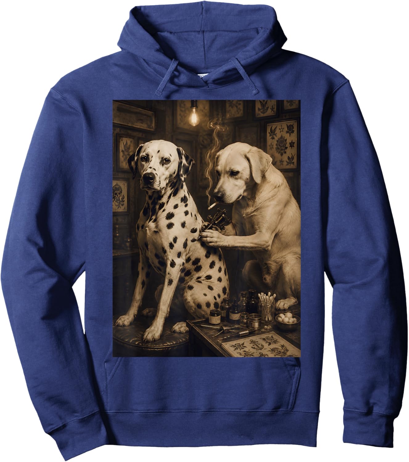 Vintage Dalmatian Dog Smoking Tattoo Artist Funny Meme Hoodie - Hoodie | Navy