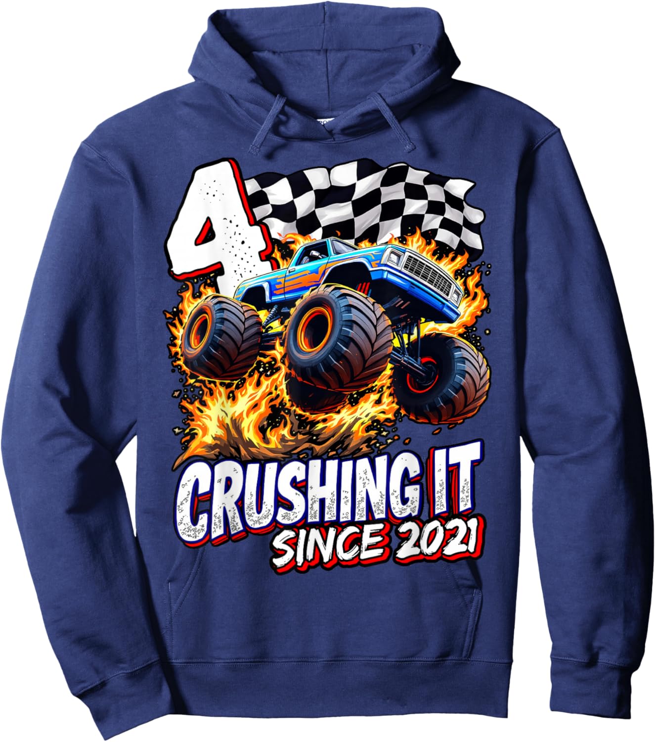 Birthday Monster Truck 4 year Old Boys 4th Party Born 2021 Hoodie - Hoodie | Navy