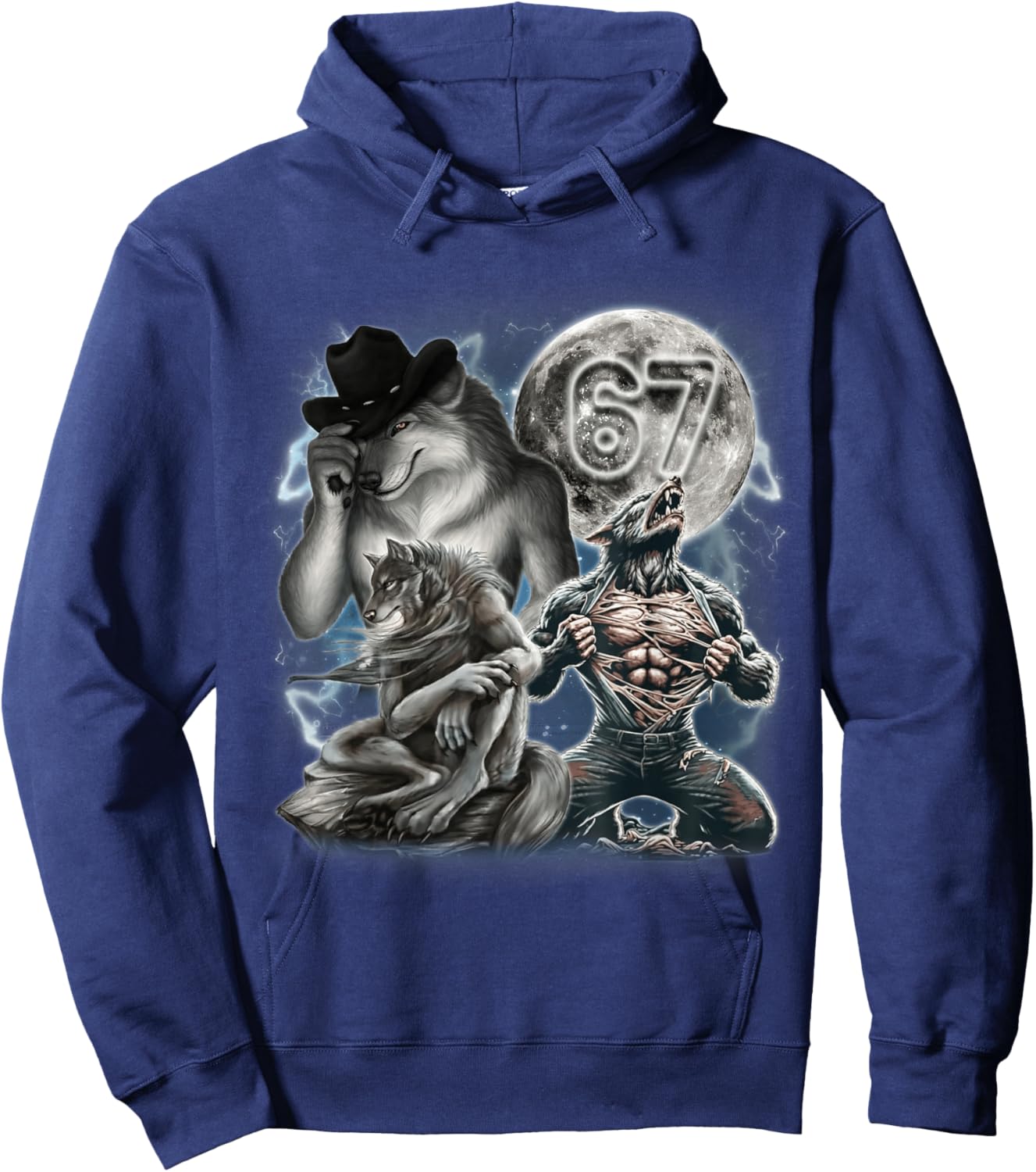Vintage Alpha Wolf Howling at The Moon 67 Six Seven Meme Hoodie - Hoodie | Navy
